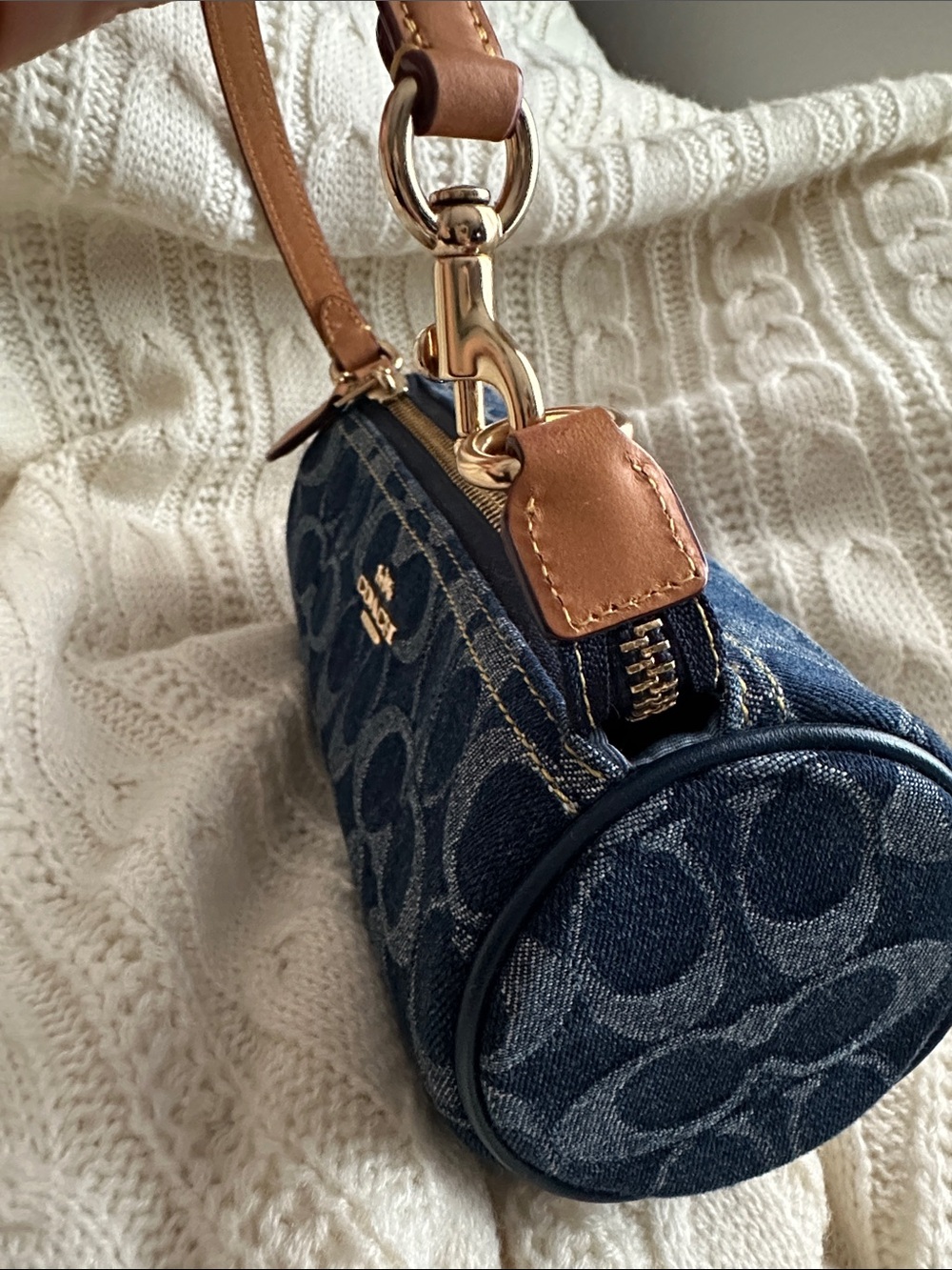 Coach Denim Signature Mini Barrel Bag with Tan Leather Strap - Picture 7 of 16